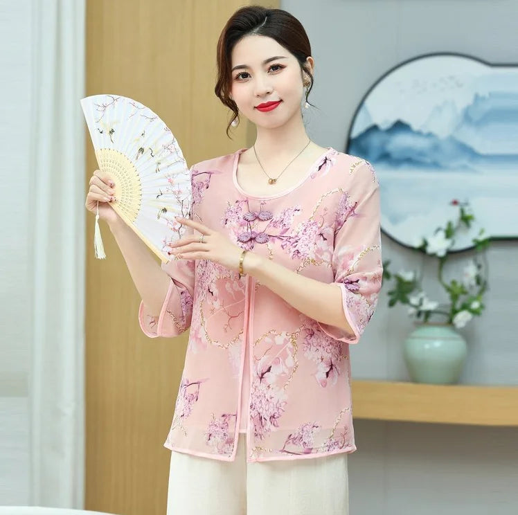 Blouse tablier pour grand-mère rose