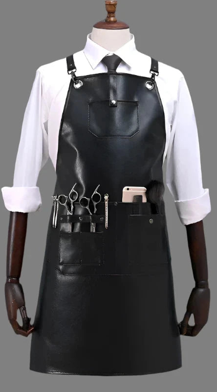Tablier de coiffeur professionnel en cuir noir